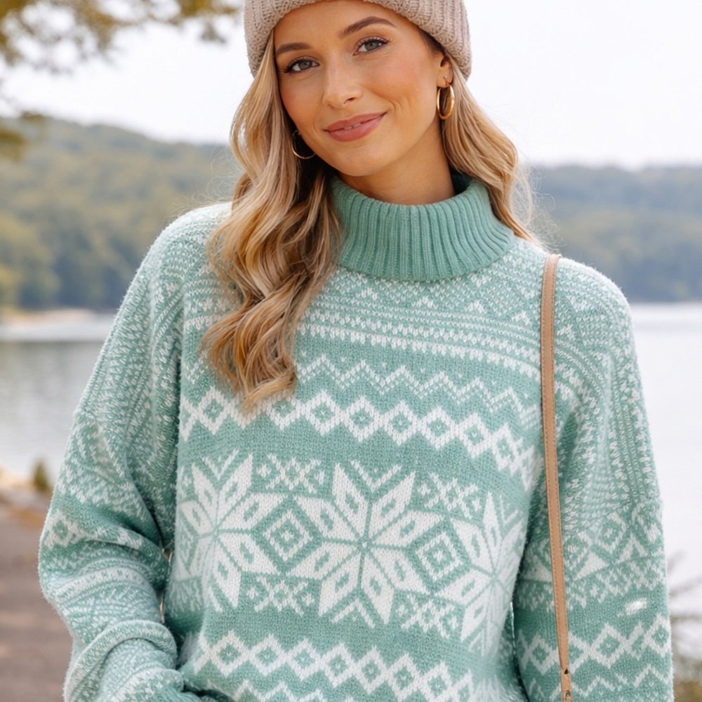 Pride’s Landing Mint Green Fair Isle Mock Neck Sweater Nordic Winter Knit